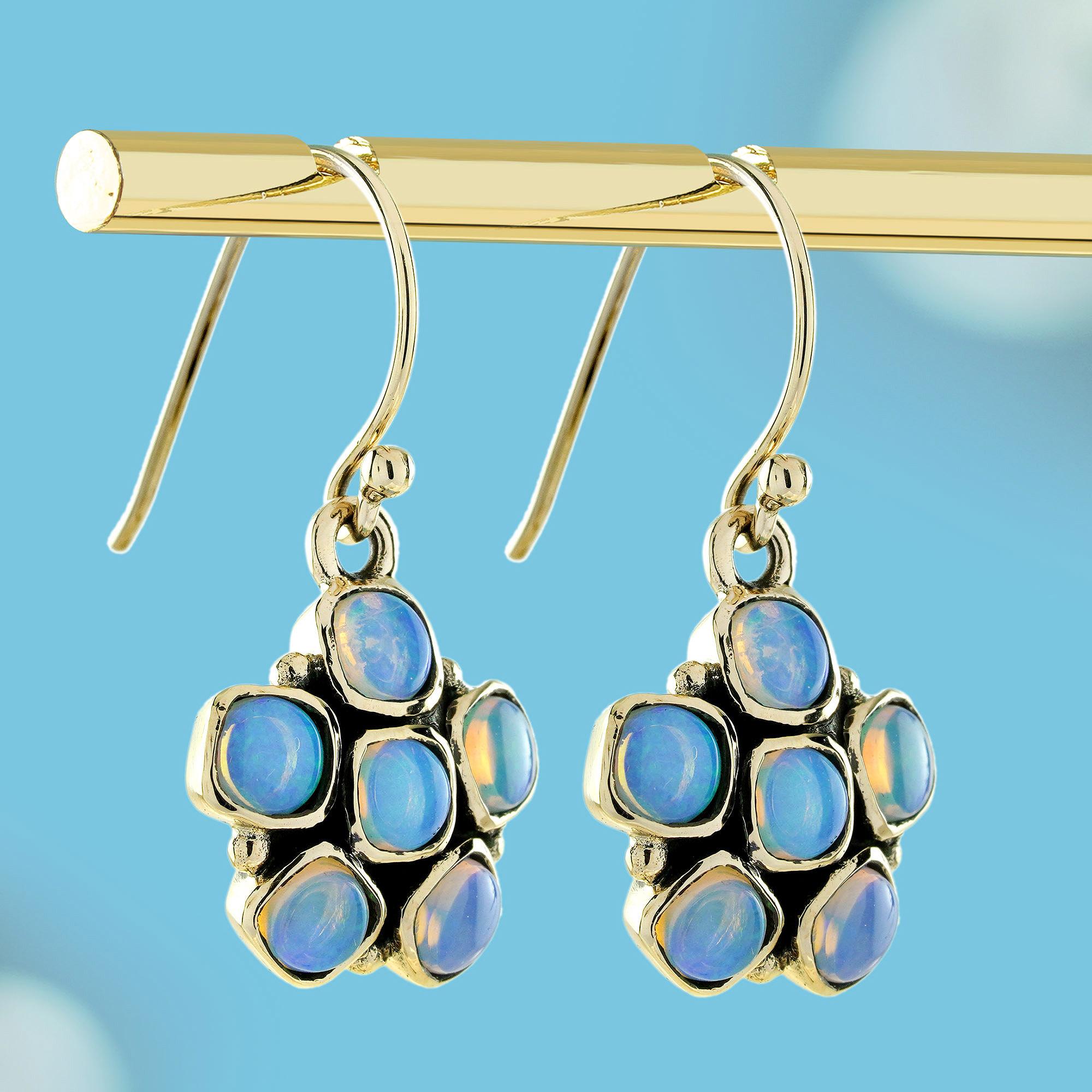 Edwardian 9K Gold Opal Vintage Style Floral Cluster Drop Earrings For Sale