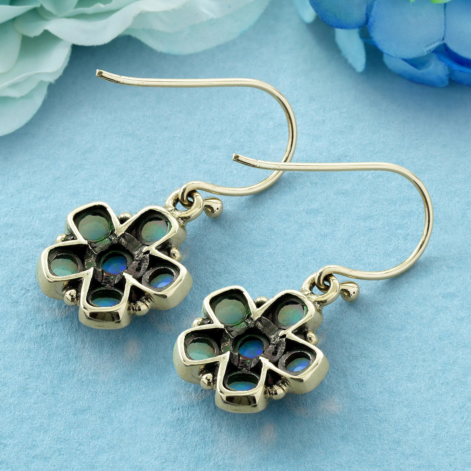 Round Cut 9K Gold Opal Vintage Style Floral Cluster Drop Earrings For Sale