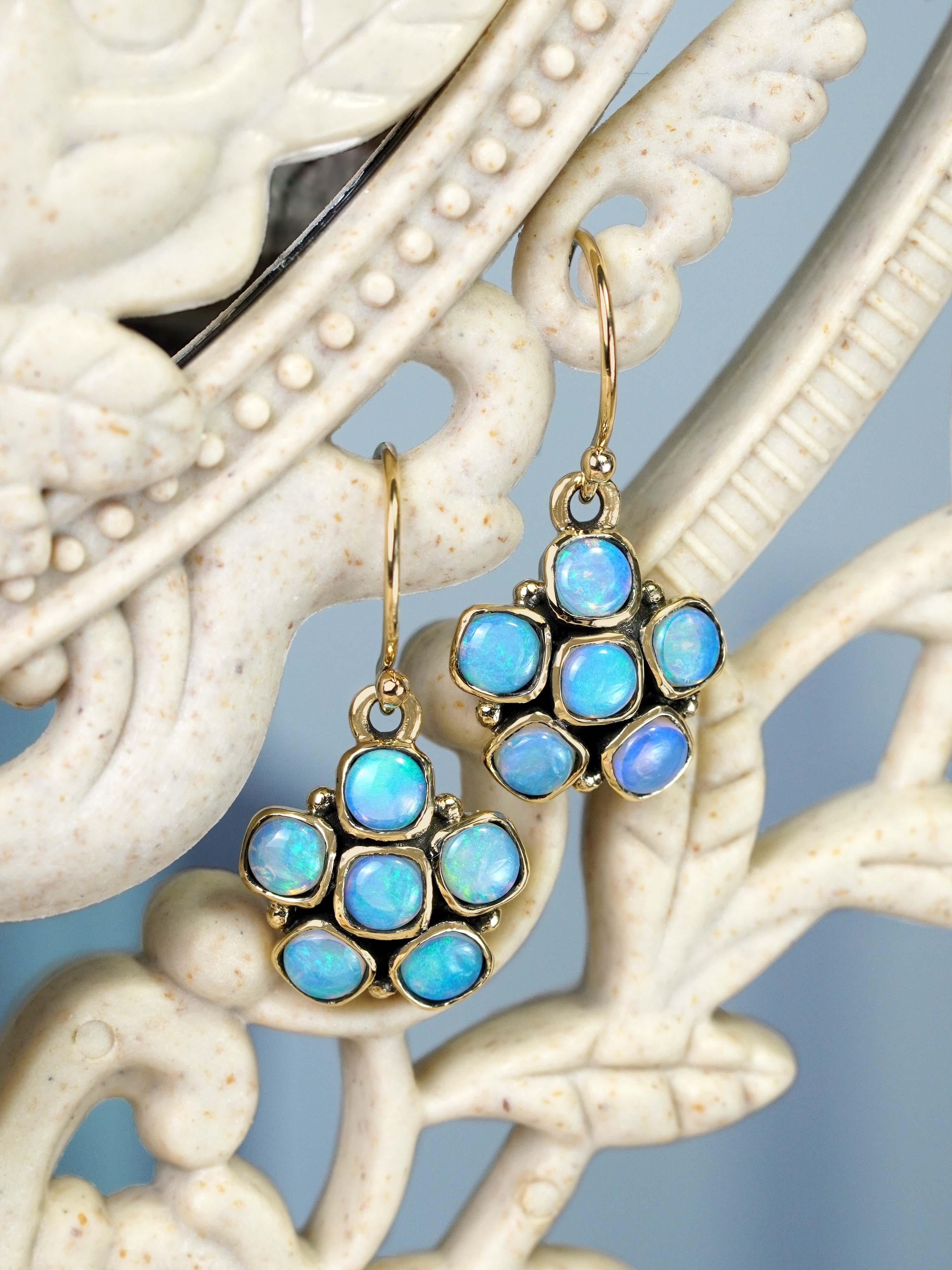 Women's 9K Gold Opal Vintage Style Floral Cluster Drop Earrings For Sale