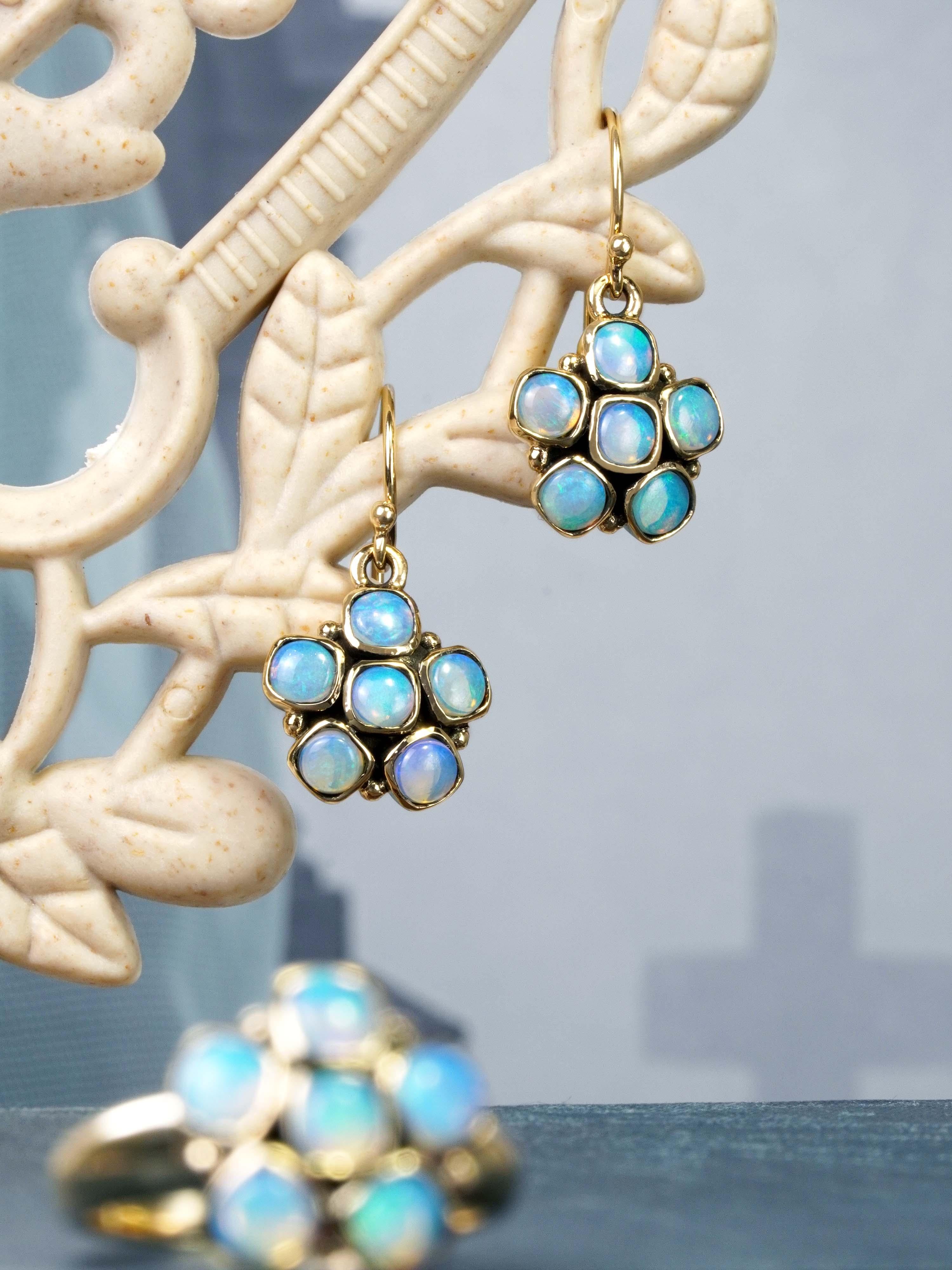 9K Gold Opal Vintage Style Floral Cluster Drop Earrings For Sale 1