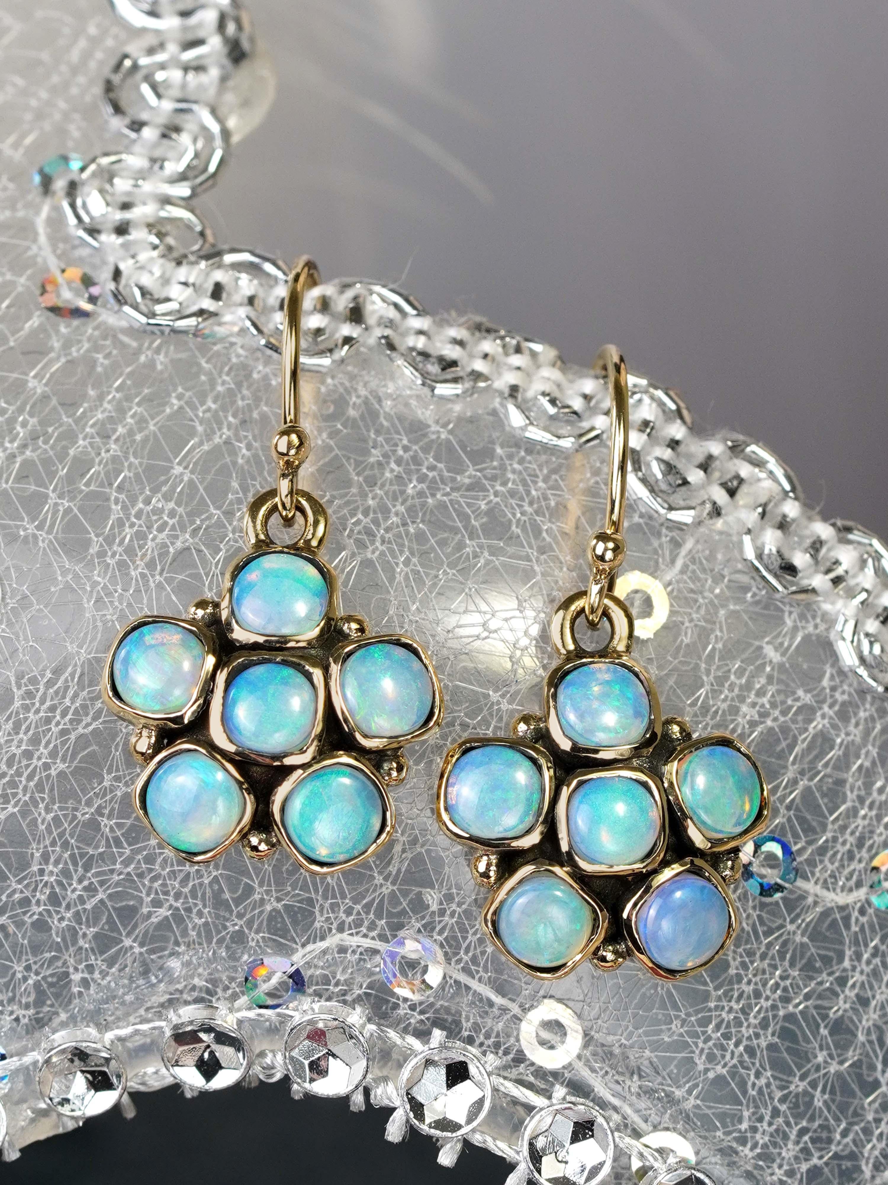 9K Gold Opal Vintage Style Floral Cluster Drop Earrings For Sale 2