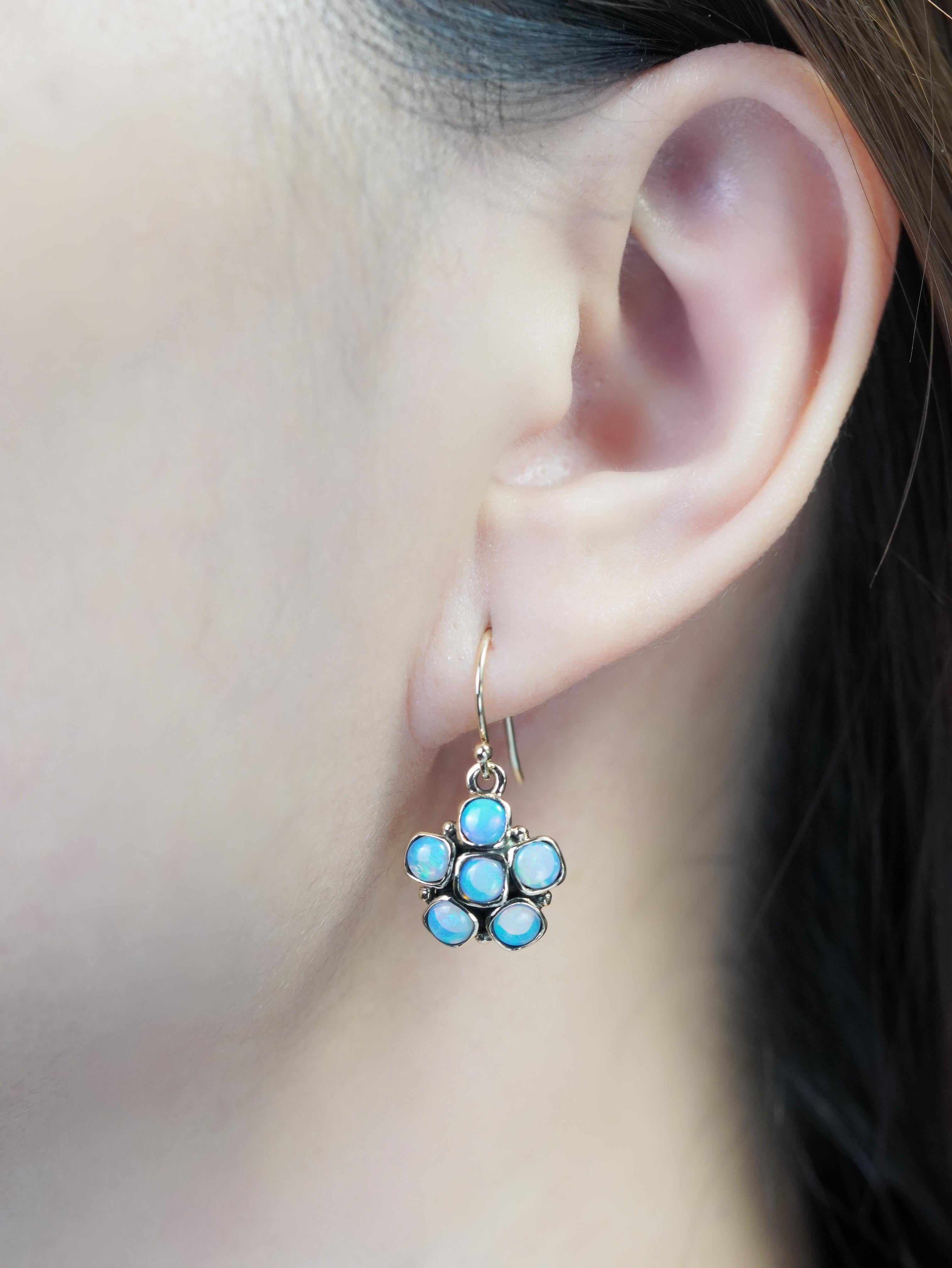 9K Gold Opal Vintage Style Floral Cluster Drop Earrings For Sale 3