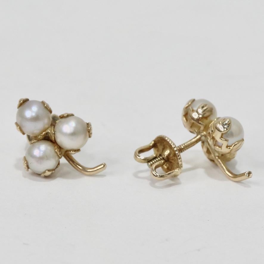 Ball Cut 10K Gold Pearl Stud Earrings For Sale