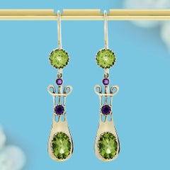 9K Gold Peridot and Amethyst Vintage Style Drop Earrings