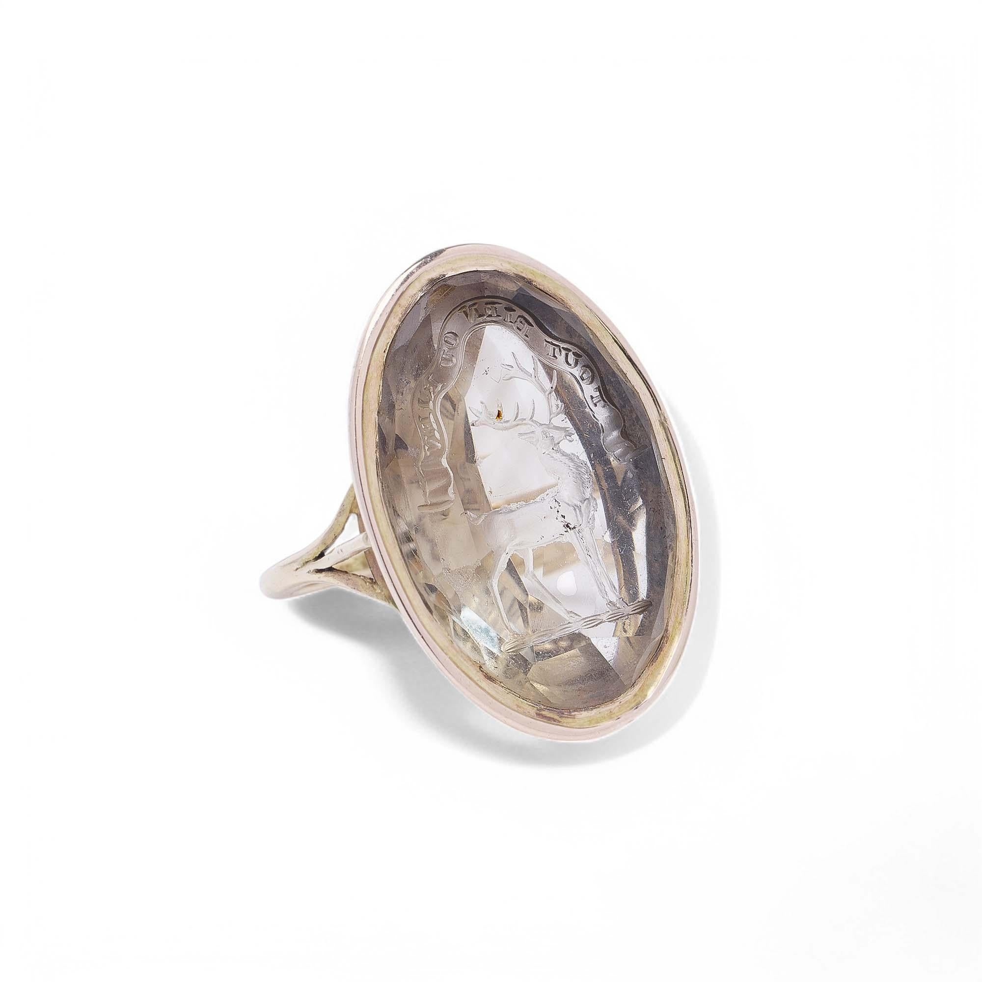10K gold signet ring featuring an intaglio carving of a stag with the French motto 