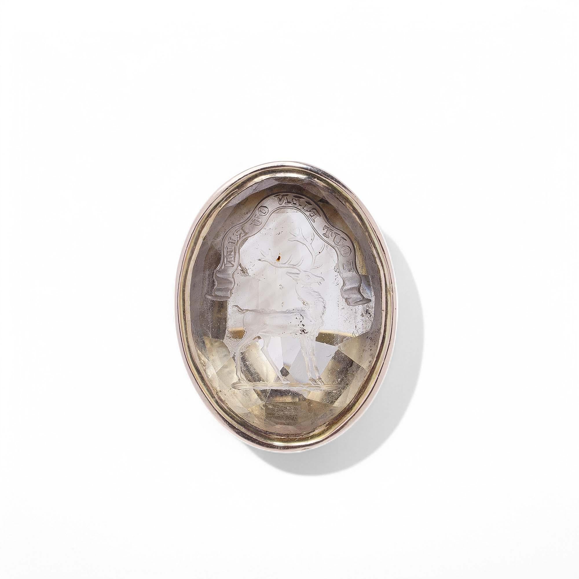 Women's or Men's 10K Gold Rock Crystal Intaglio Signet Ring For Sale