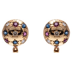 10K Yellow Gold Retro Style Sapphire, Ruby and Diamond Button Earrings
