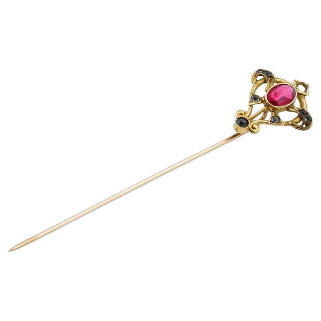 Gold Square Pin 10K White Gold Stick Pin with Green Glass Stone #15688 For Sale at ...