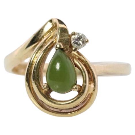 10k Green Apple Jade Jadeite Diamond ring. Pear cut translucent green Jade For Sale