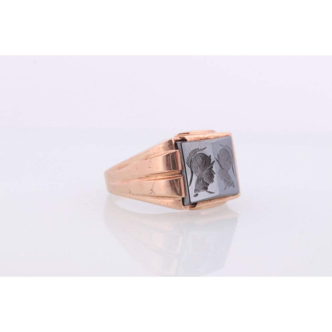 Men's 10k Hematite Intaglio Roman Greek soldier, Centurion Mirror Double Signet Ring. For Sale