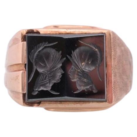 10k Hematites Intaglio Soldado Griego Romano, Centurión Espejo Doble Anillo Signet.