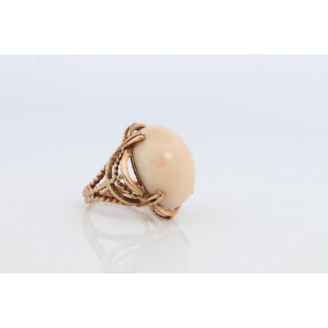 Women's 10k Large Oval Pink Angel Skin CORAL ring. NATURAL Coral Cabochon statement ring For Sale