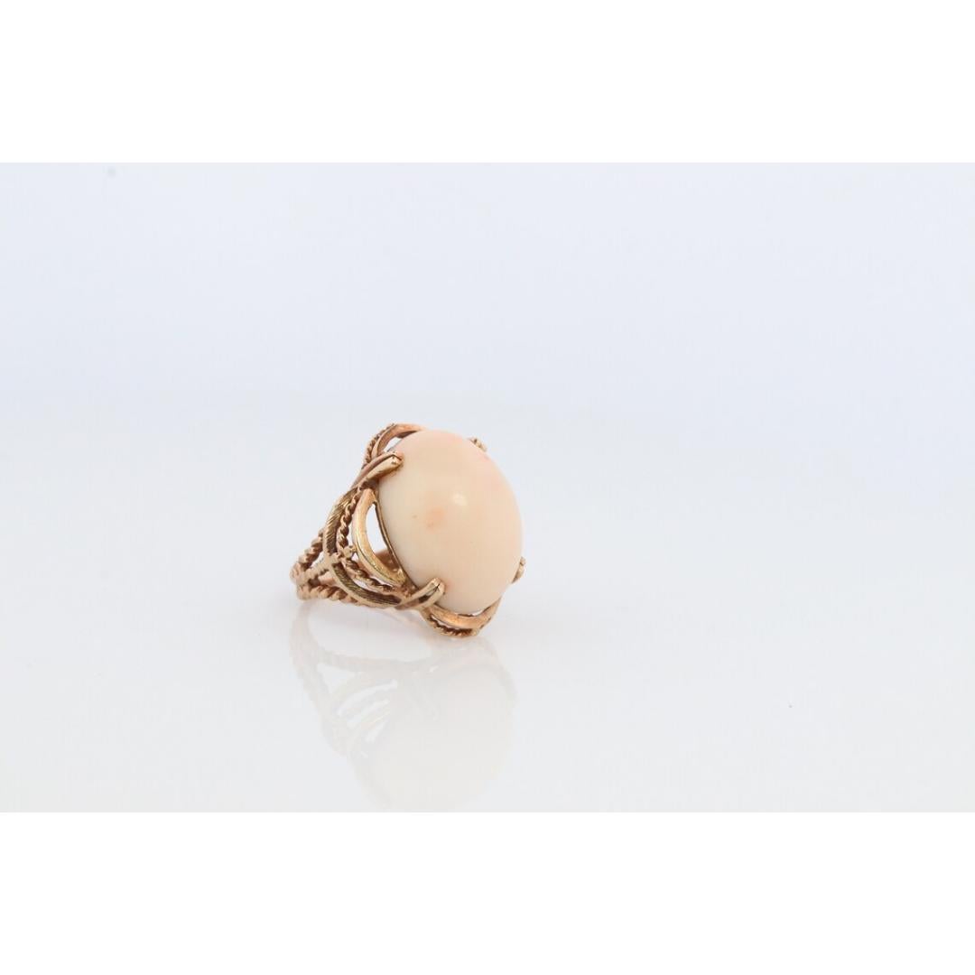 10k Large Oval Pink Angel Skin CORAL ring. NATURAL Coral Cabochon statement ring For Sale 1