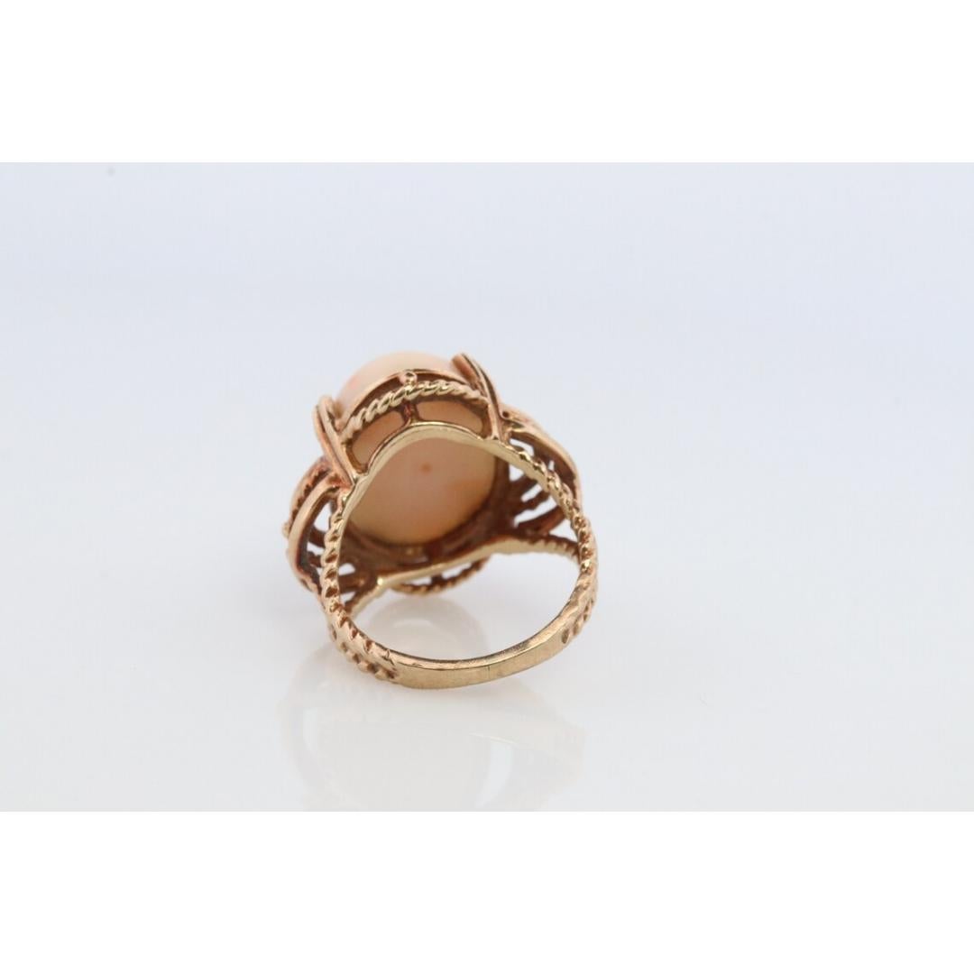 10k Large Oval Pink Angel Skin CORAL ring. NATURAL Coral Cabochon statement ring For Sale 3