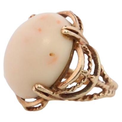 10k Large Oval Pink Angel Skin CORAL ring. NATURAL Coral Cabochon statement ring