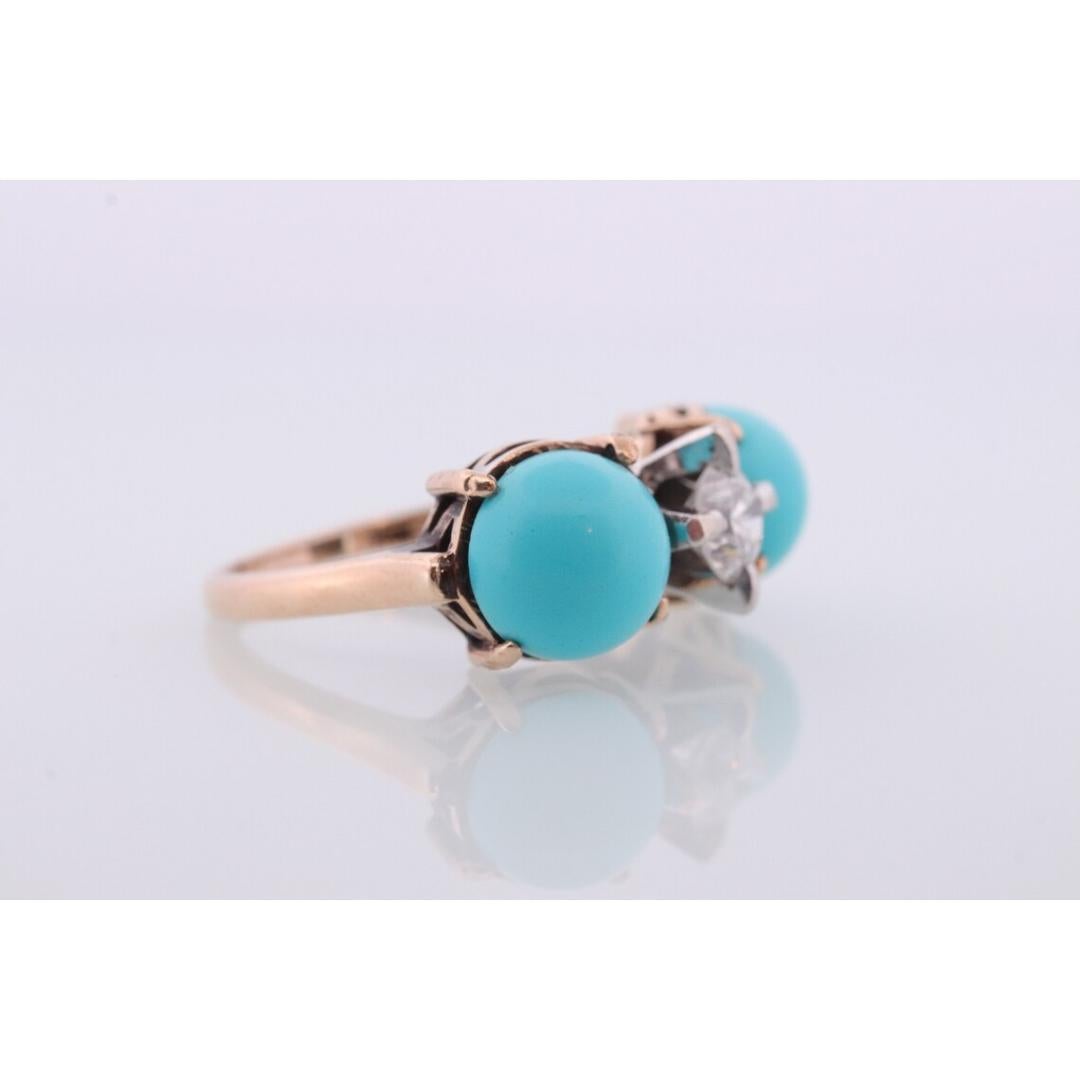 Anillo de 10 quilates con gran cabujón de turquesa y diamante de 1/2 ct. Trío Tres de 14k en venta 1