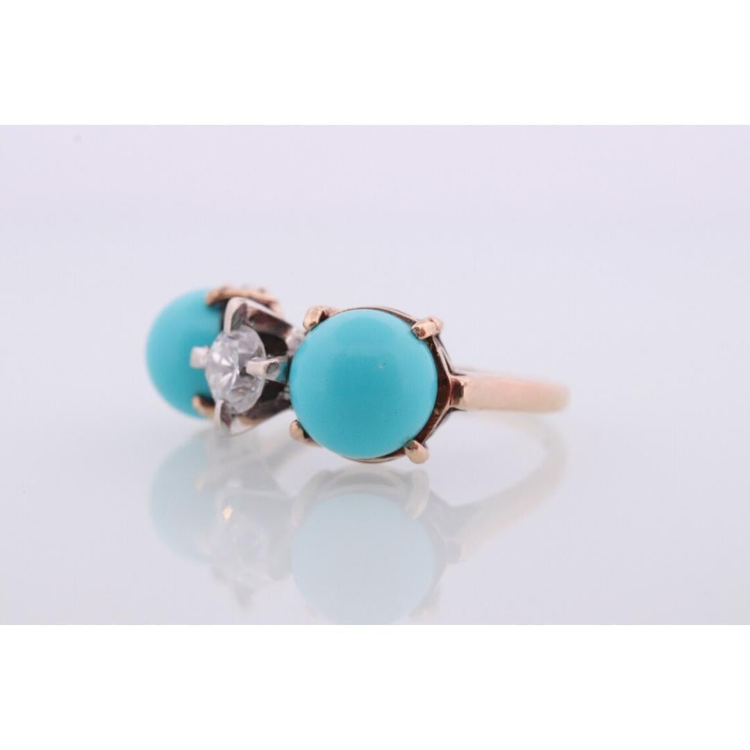 Anillo de 10 quilates con gran cabujón de turquesa y diamante de 1/2 ct. Trío Tres de 14k en venta 2