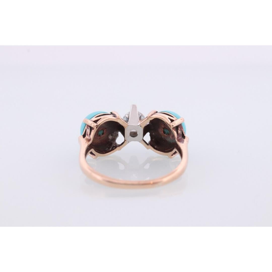 Anillo de 10 quilates con gran cabujón de turquesa y diamante de 1/2 ct. Trío Tres de 14k en venta 3