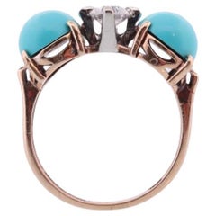 10k Large Turquoise Cabochon and 1/2ct Diamond Ring. 14k Trio Triology Three