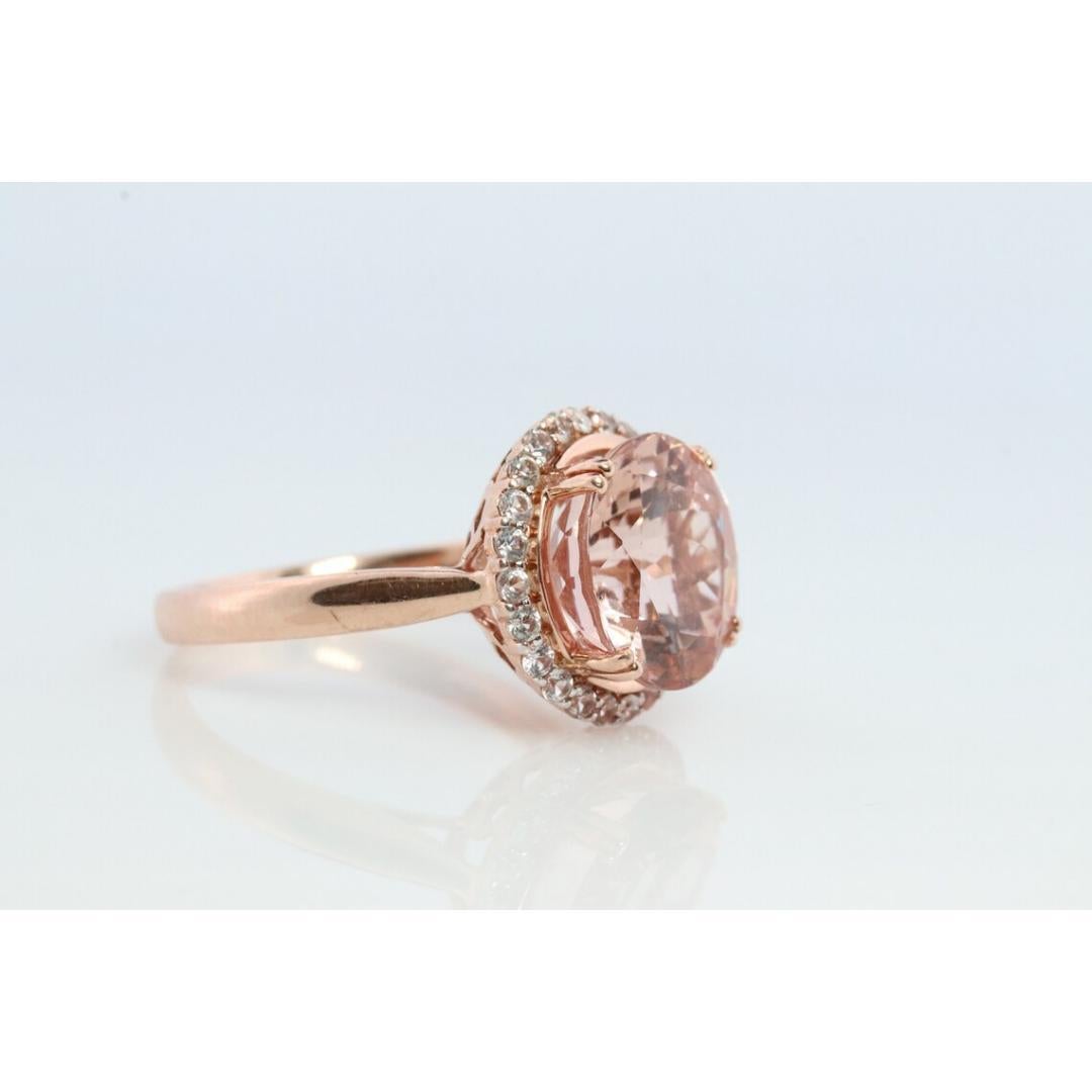 Round Cut 10k Morganite and White Sapphire Halo ring. Rose Gold Round Morganite Diamond
