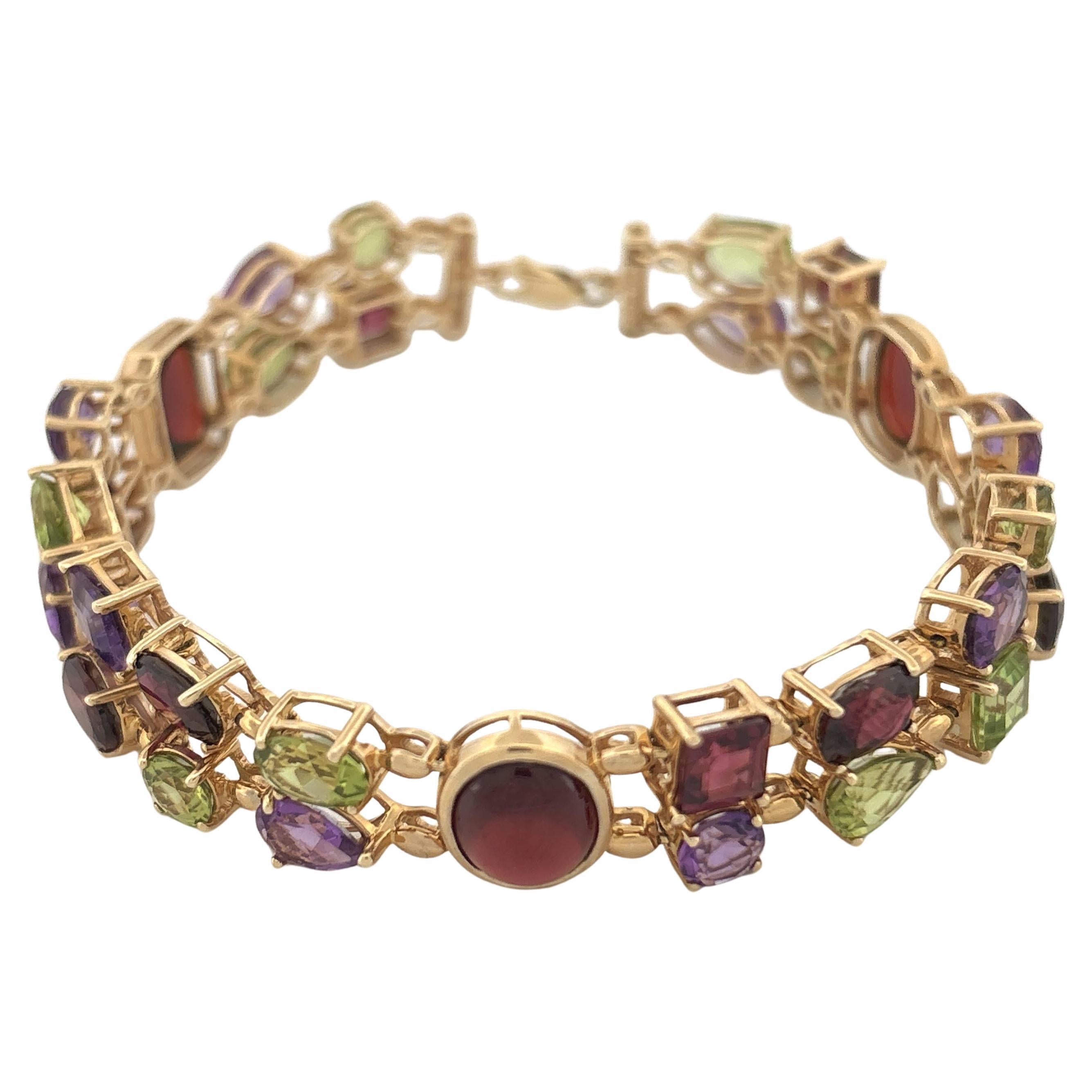 10K Yellow Gold Multi-Gemstone Bracelet with Garnet, Amethyst, Peridot