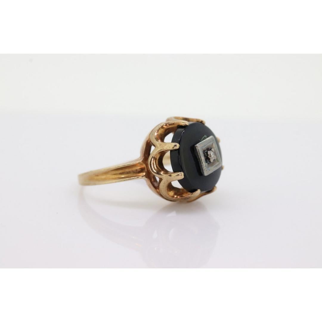 Anello con onice e diamante 10k. Anello con diamante e onice rotondo in oro rosa 10k. Vintage By in vendita 4