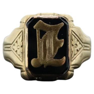 10k ONYX L I or E ring. 10k Letter L or E statement ring. Calligraphy L or E