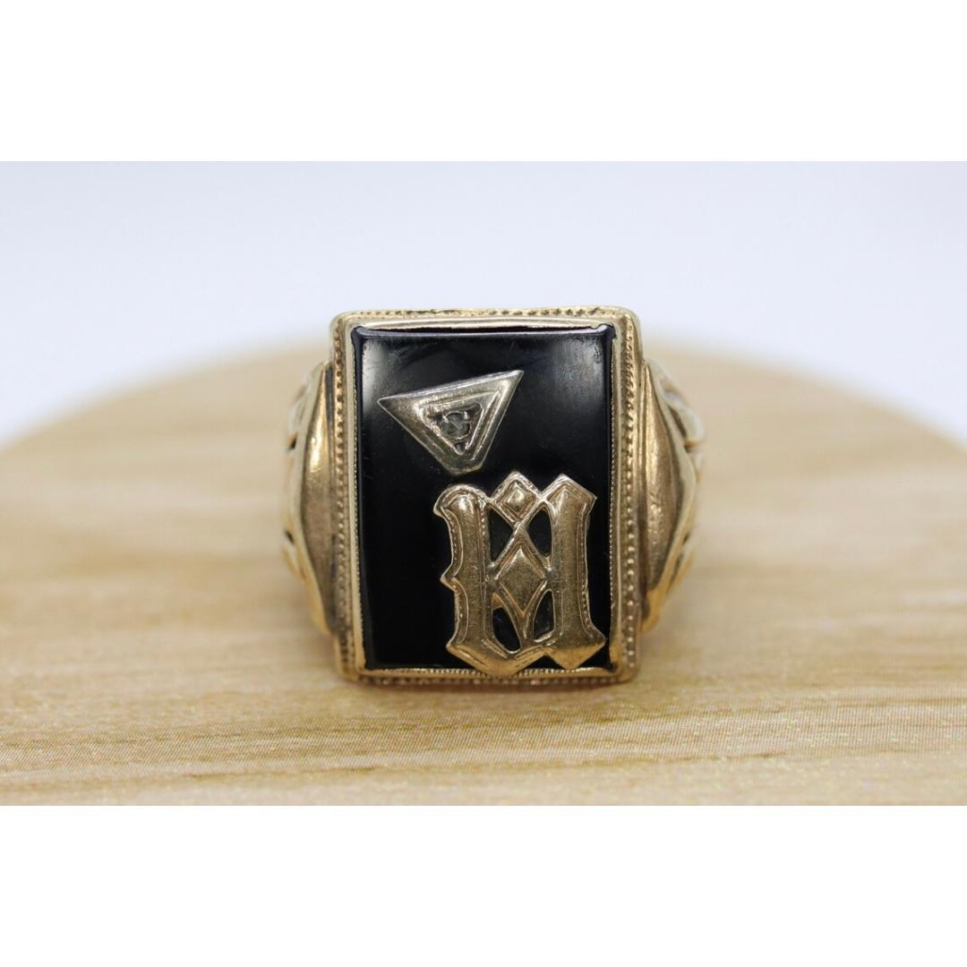 10k ONYX M N oder W Ring. 10k Buchstabe M oder N oder W Statement-Ring. Kalligraphie im Angebot 1
