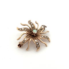 Vintage 10K Yellow Gold Opal and Seed Pearl Starburst Brooch, Unisex
