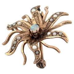 Vintage 10K Yellow Gold Opal and Seed Pearl Starburst Brooch, Unisex