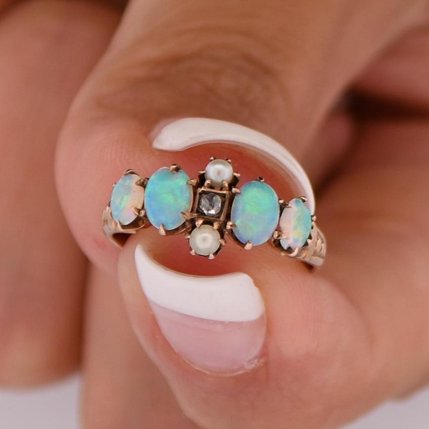 Women's 10K Opal, Pearl, and Diamond Gemstone Ring