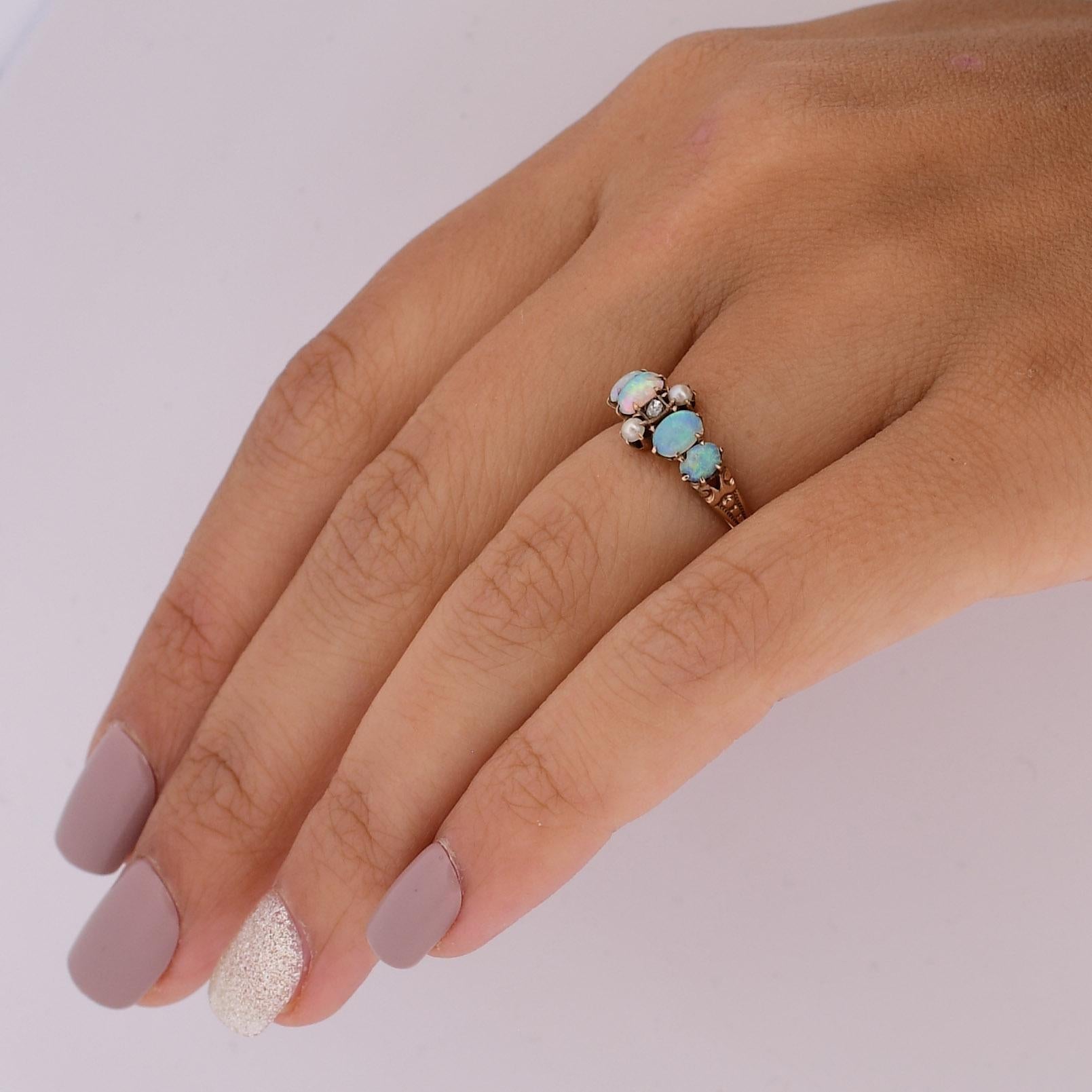 10K Opal-, Perlen- und Diamant-Edelsteinring 2