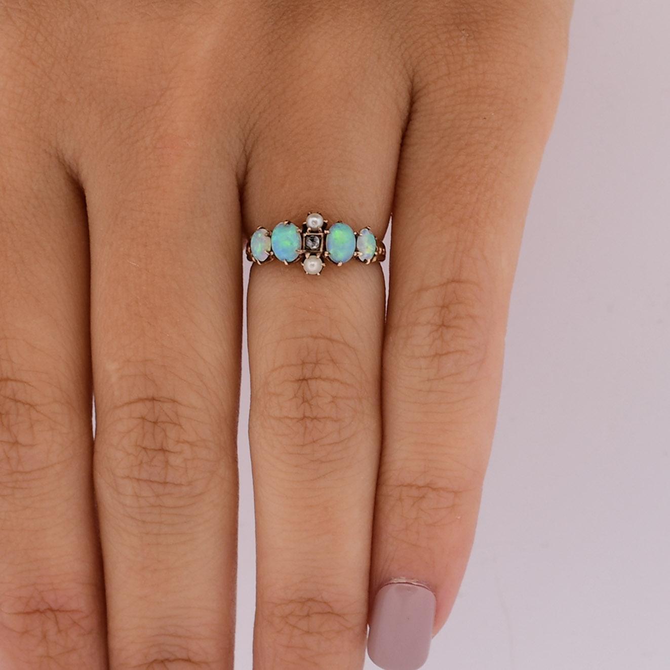 10K Opal, Pearl, and Diamond Gemstone Ring For Sale 3