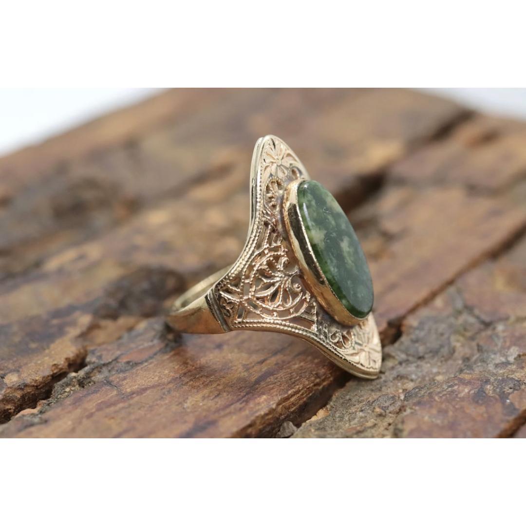 10k Open Flowers Shield and Green Moss Agate ring. Skinny Dainty 10k PSCo For Sale 4