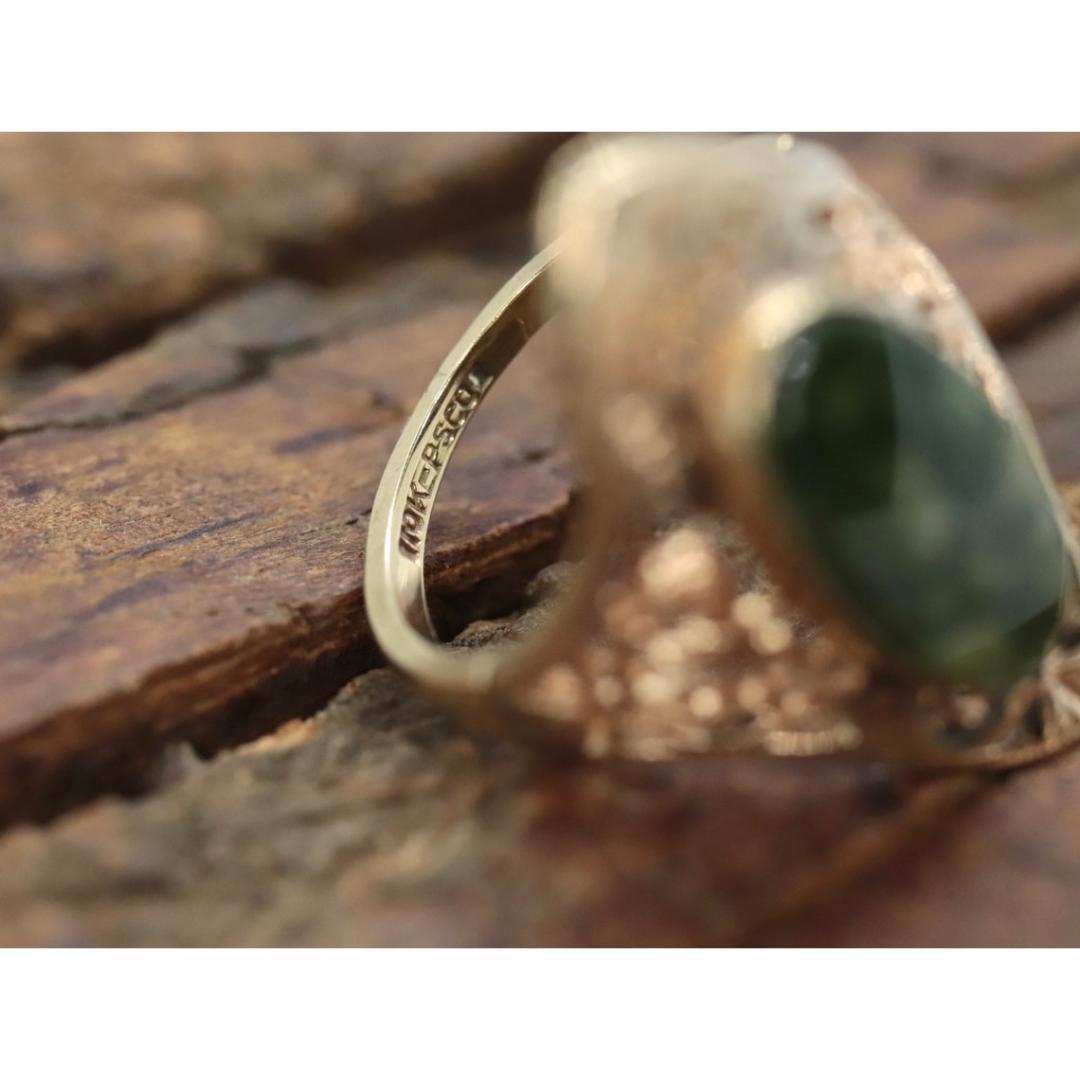 10k Open Flowers Shield and Green Moss Agate ring. Skinny Dainty 10k PSCo For Sale 1