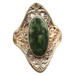 10k Open Flowers Shield and Green Moss Agate ring. Skinny Dainty 10k PSCo