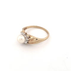 Vintage 10K Yellow Gold Pearl and Diamond Ring, Late 20th Century