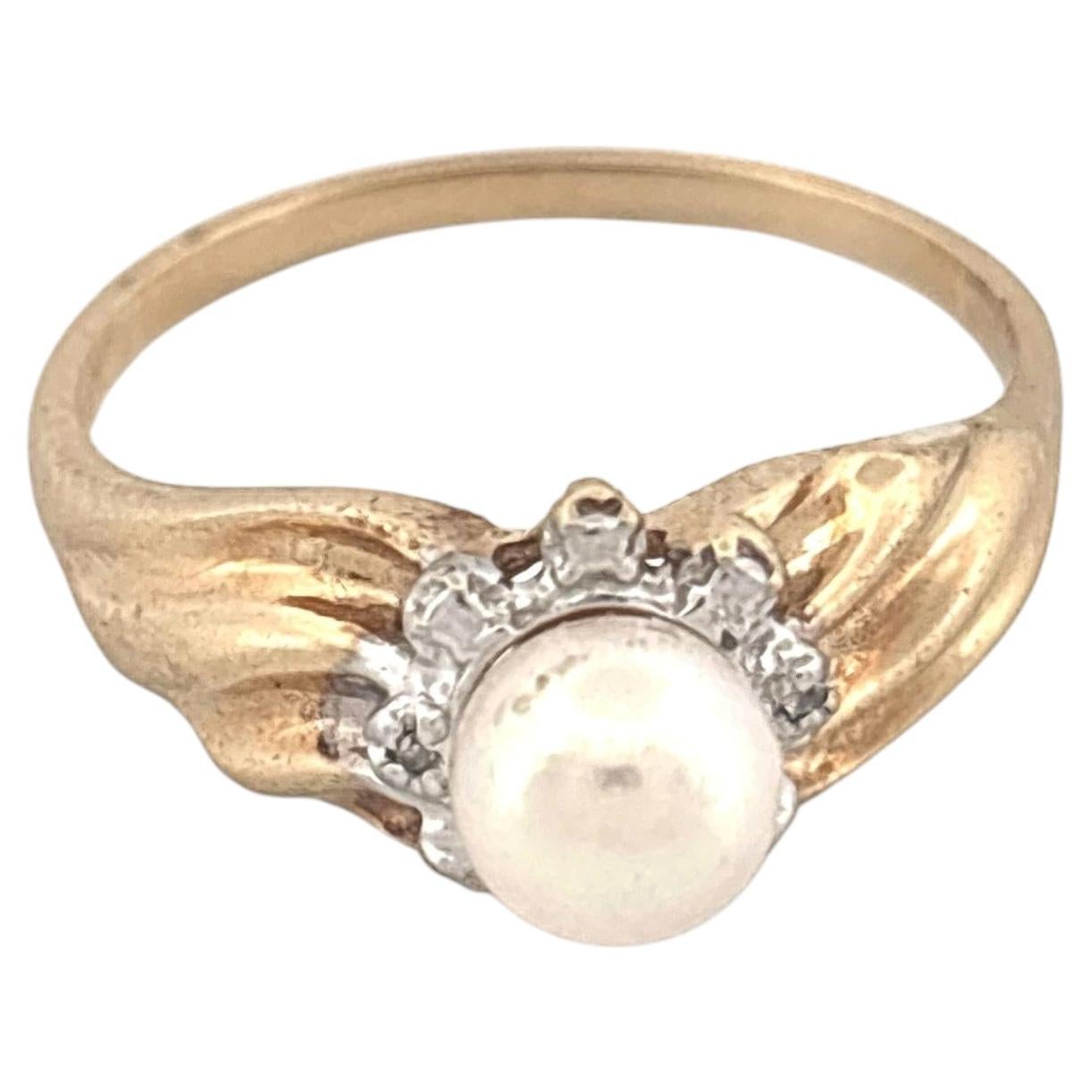 Vintage 10K Gelbgold Perle und Diamant Ring, Ende 20. Jahrhundert
