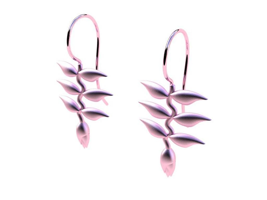 10k Pink Gold Heliconia Dangle Earrings, From the Ocean Series,  Summer or Winter wherever you go in these Seasons. 30 x 14 wide mm long with hooks. Matte 10k pink  Made to order. Allow 4 weeks delivery. 