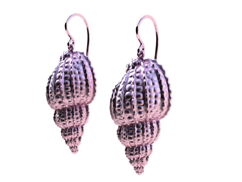 10K Pink Gold Polka Dot Shell Earrings, The Ocean Series ,  In time for the Summer beach nights.  With vertical bumps and extra dots to accentuate this shell . Shell is just over 1 inch or 28 x 15 mm . With hook 40mm . { 1.5 inches }
Matte finish.