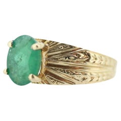 10k Rich green natural 1 carat oval emerald 10k yellow gold vintage solitaire