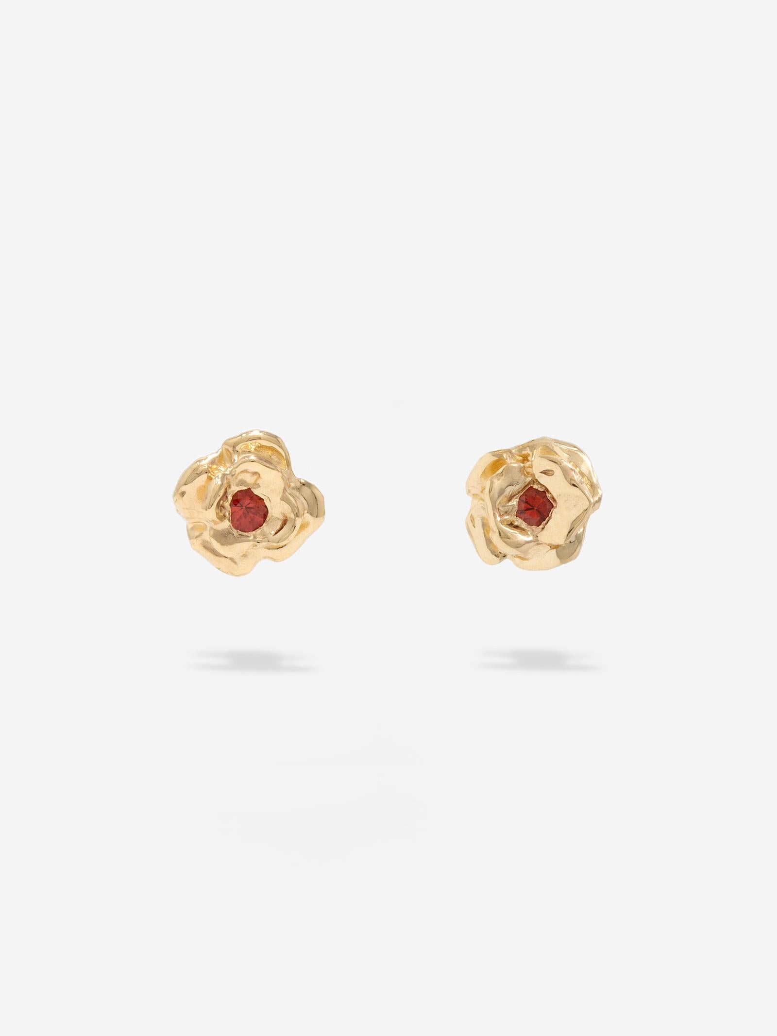 CAPTIVE - One-of-a-kind hand carved earrings made in solid 10K gold and set with 2mm red sapphires.