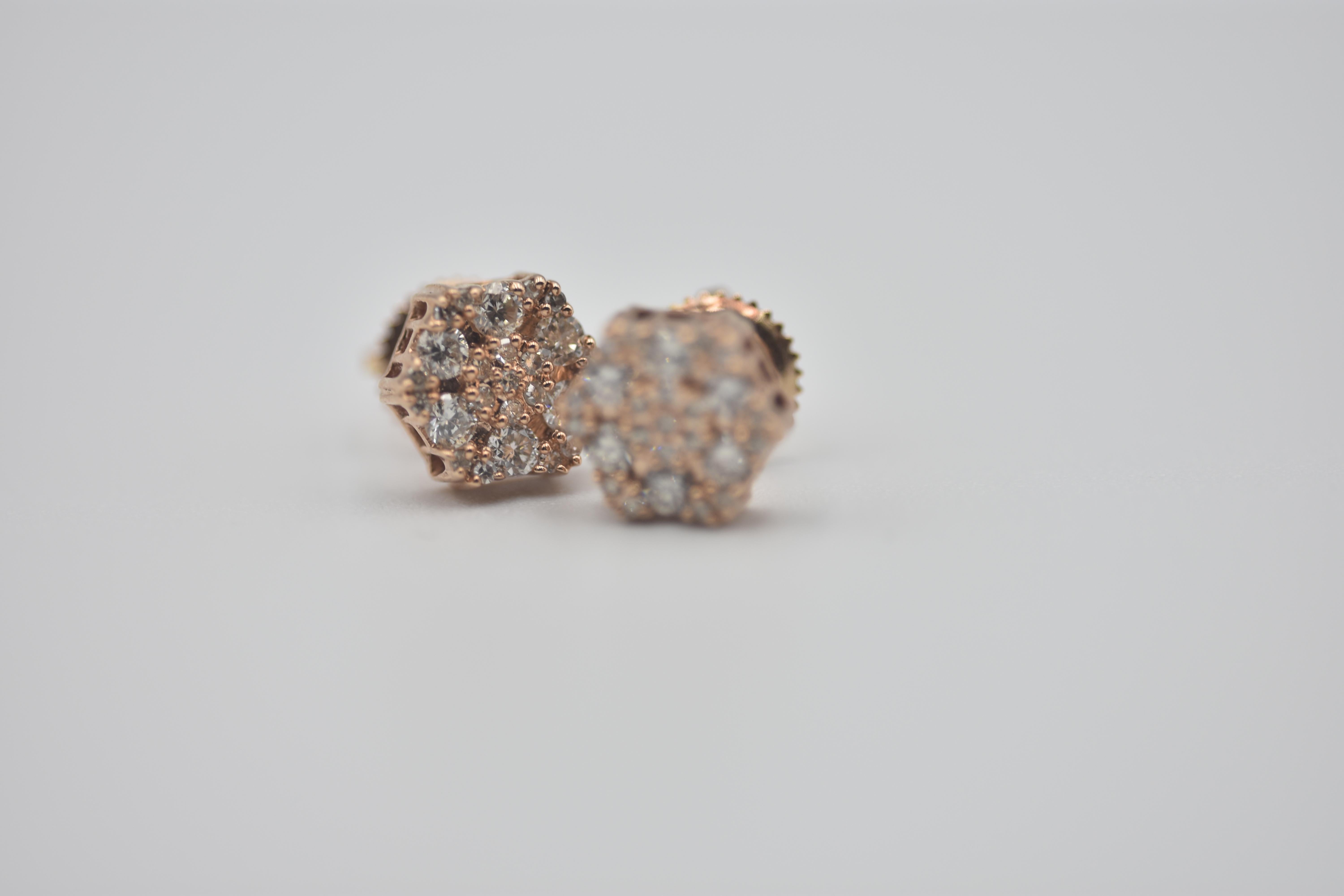 Round Cut 10K Rose Gold 0.54ct Round Diamond Stud Snowflake Earrings For Sale