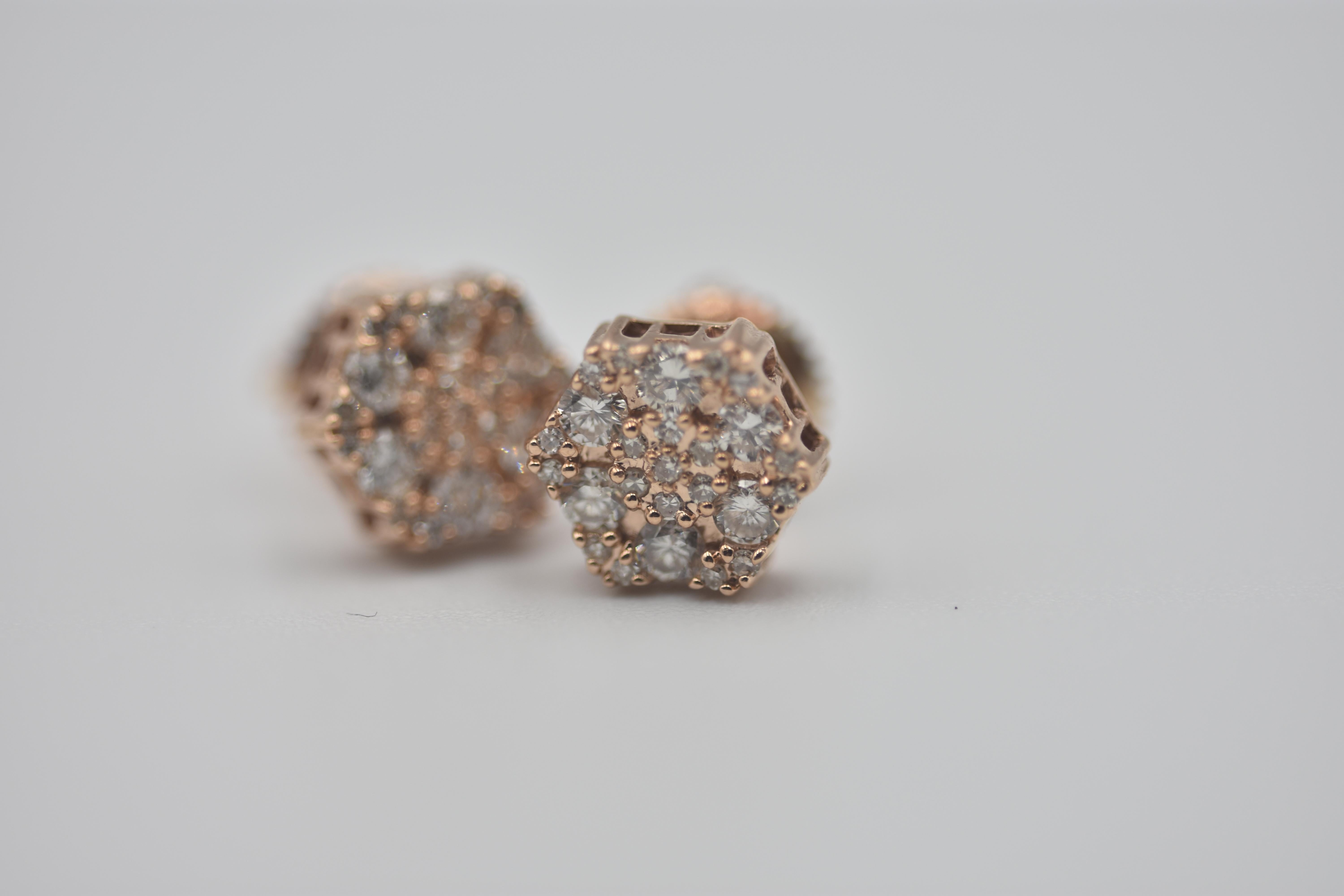 10K Rose Gold 0.54ct Round Diamond Stud Snowflake Earrings In New Condition For Sale In PALMA DE MALLORCA, ES