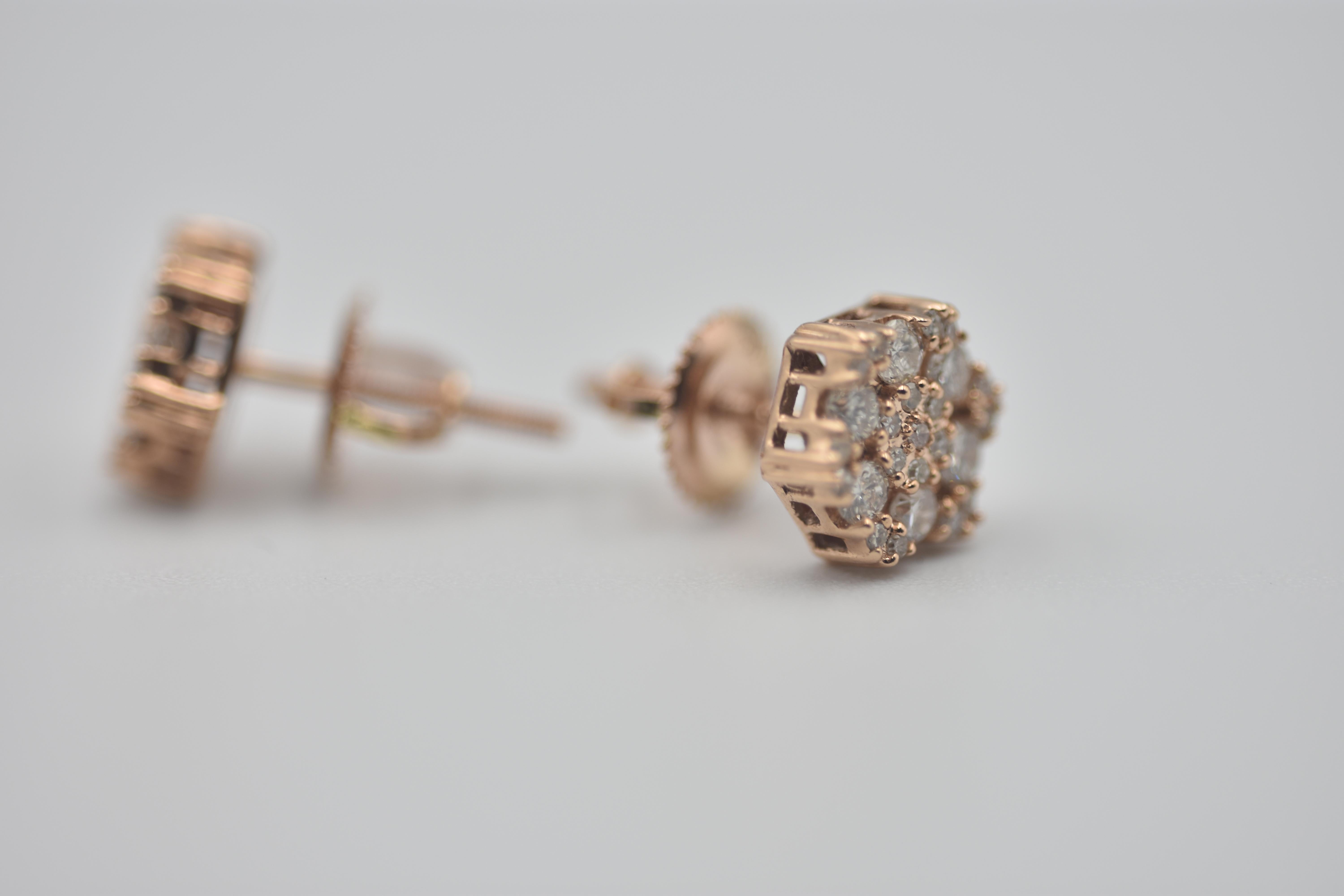 Women's or Men's 10K Rose Gold 0.54ct Round Diamond Stud Snowflake Earrings For Sale