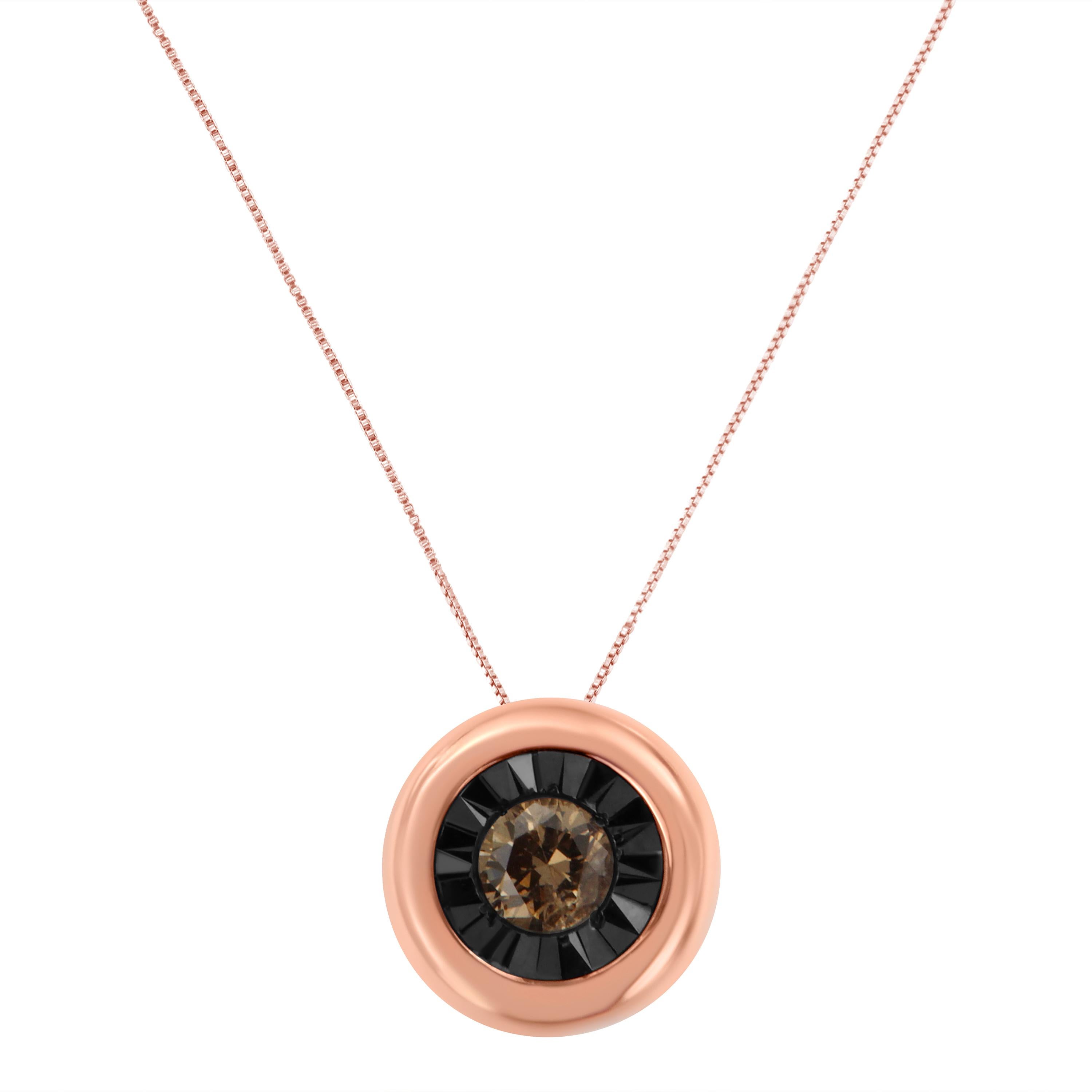Elegant and unique, this 10k rose gold pendant is a perfect complement for any occasion. The pendant showcases a stunning round cut champagne diamond that contrasts against a black rhodium miracle setting. 1/10ct TDW sparkles in this necklace