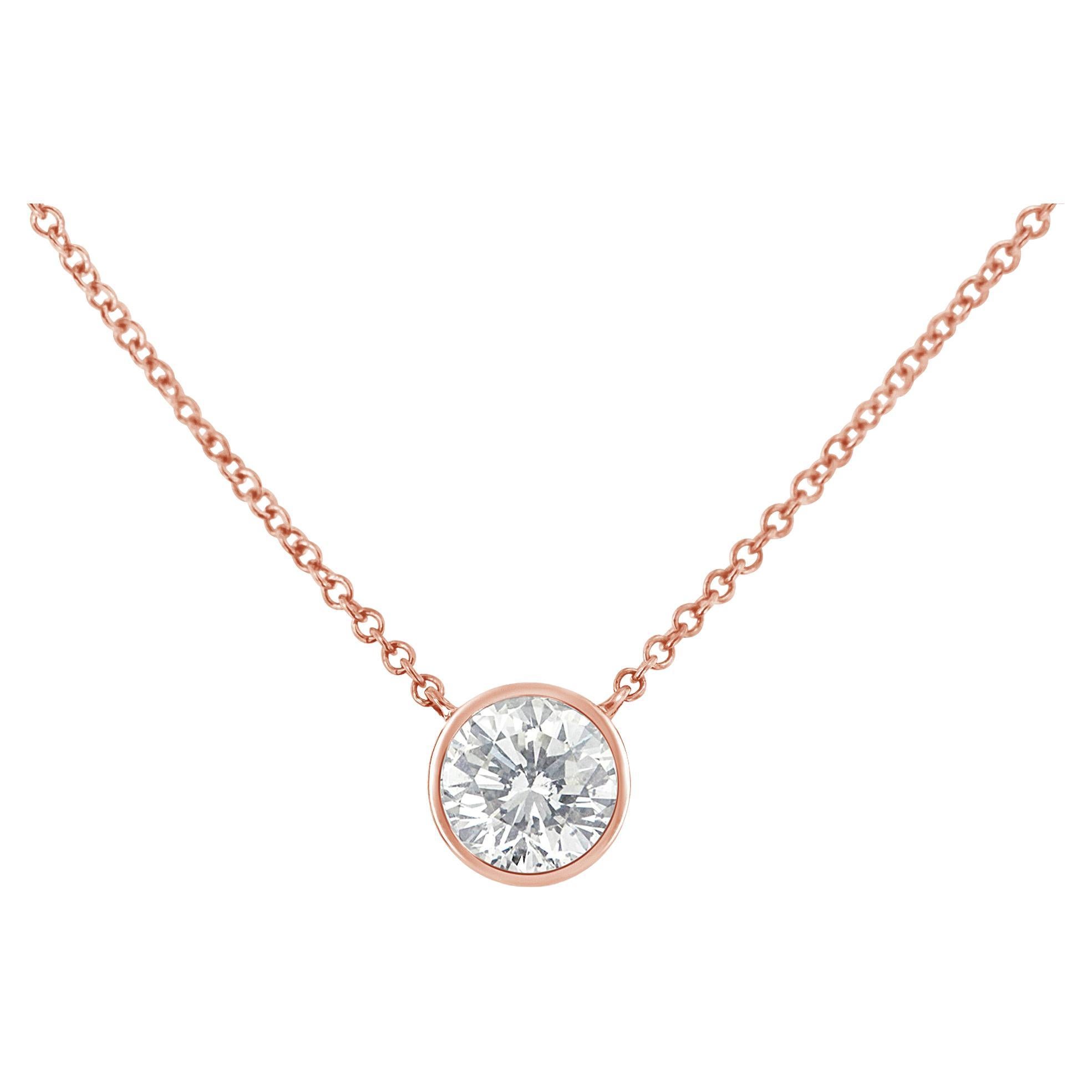 10K Rose Gold 1/10 Carat Solitaire Bezel Set Diamond Pendant Necklace For Sale
