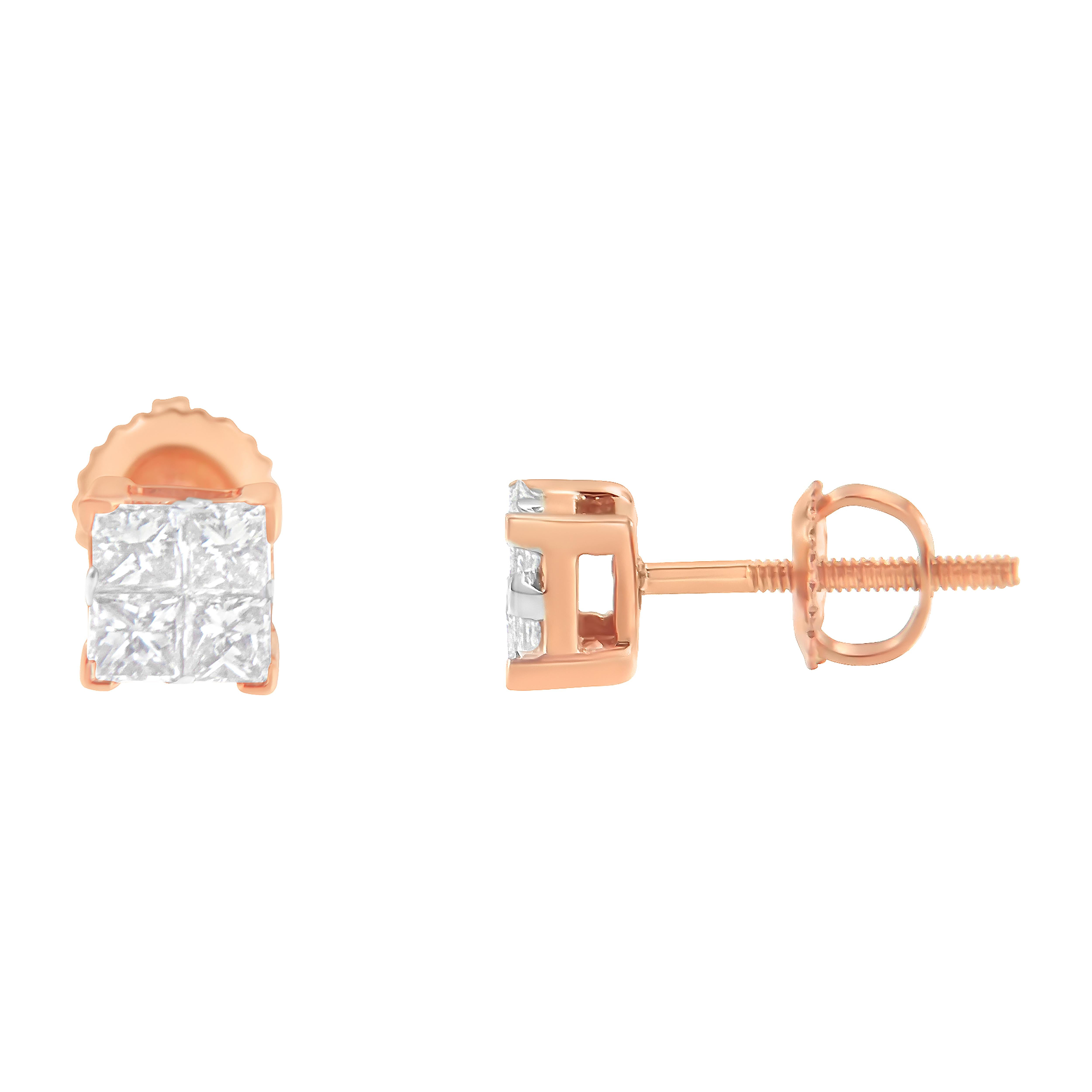 A pair of square stud earrings with a cluster of four princess cut diamonds. These diamonds are set in a composite manner, creating a larger diamond look. Crafted in 10 karat rose gold, they have a total diamond weight of 1/2 carats.

'Video