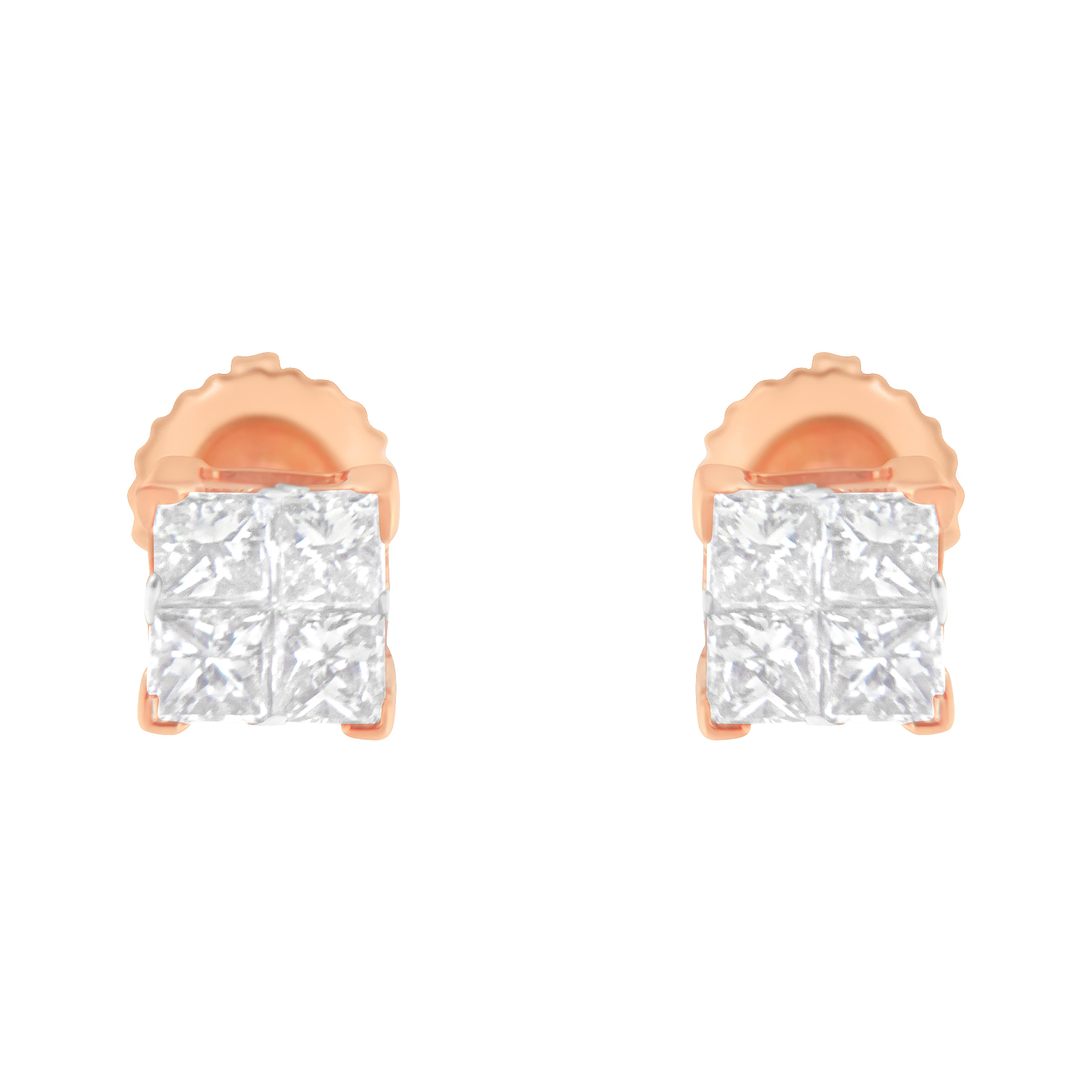 Contemporary 10K Rose Gold 1/2 Carat Princess Diamond Composite Stud Earring For Sale