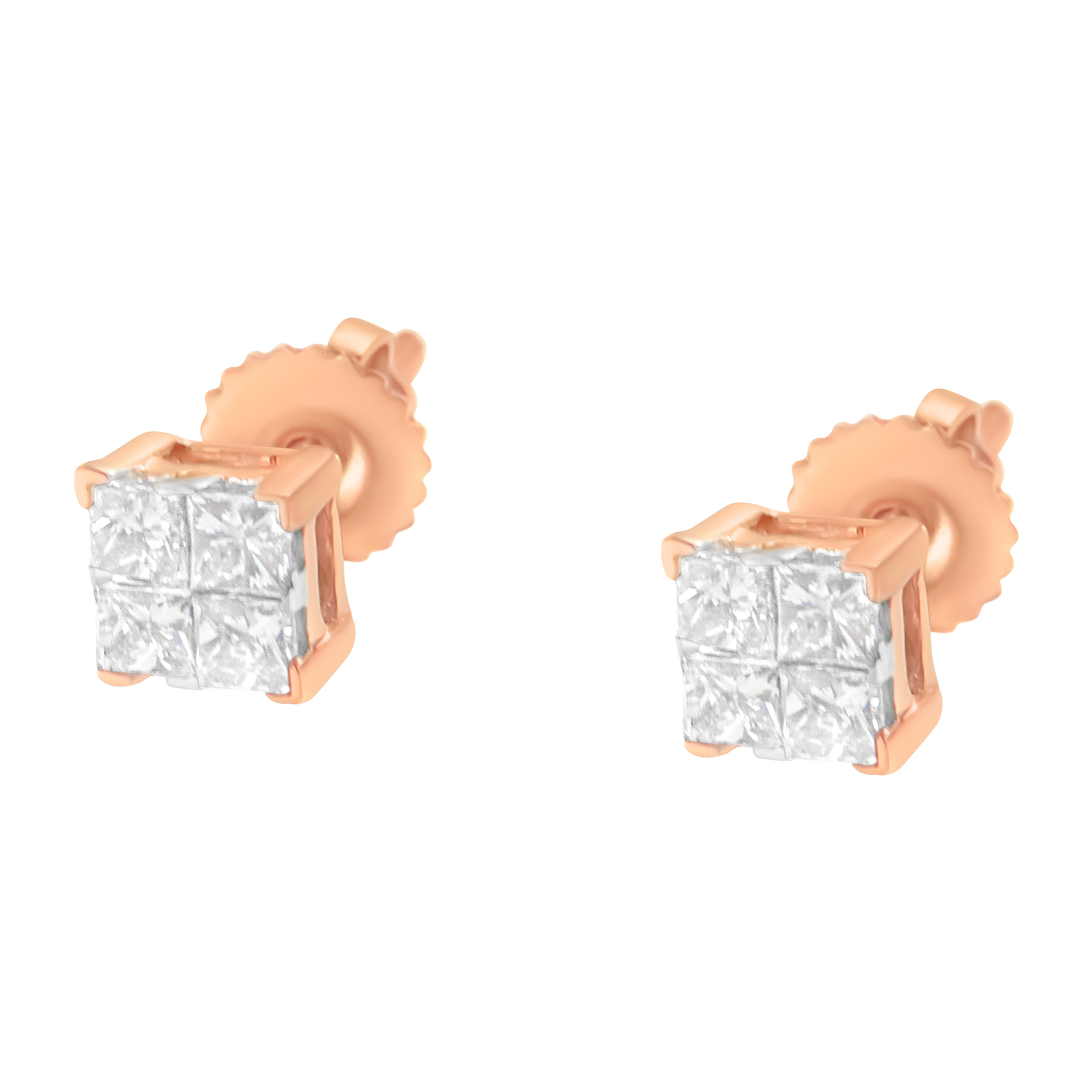 10K Rose Gold 1/2 Carat Princess Diamond Composite Stud Earring In New Condition For Sale In New York, NY